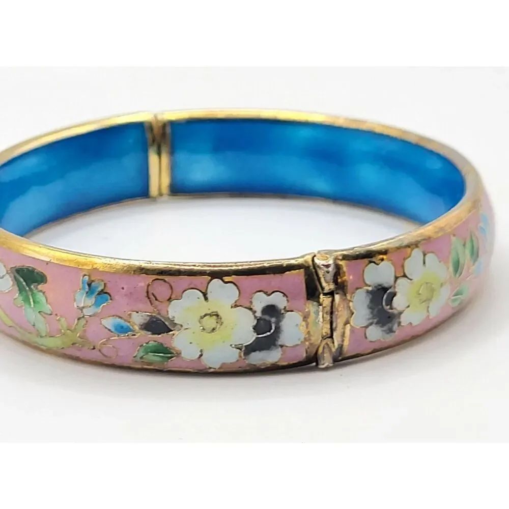 Vintage Pink Blue Flower Cloisonne Hinged  Bangle Bracelet 7.5in